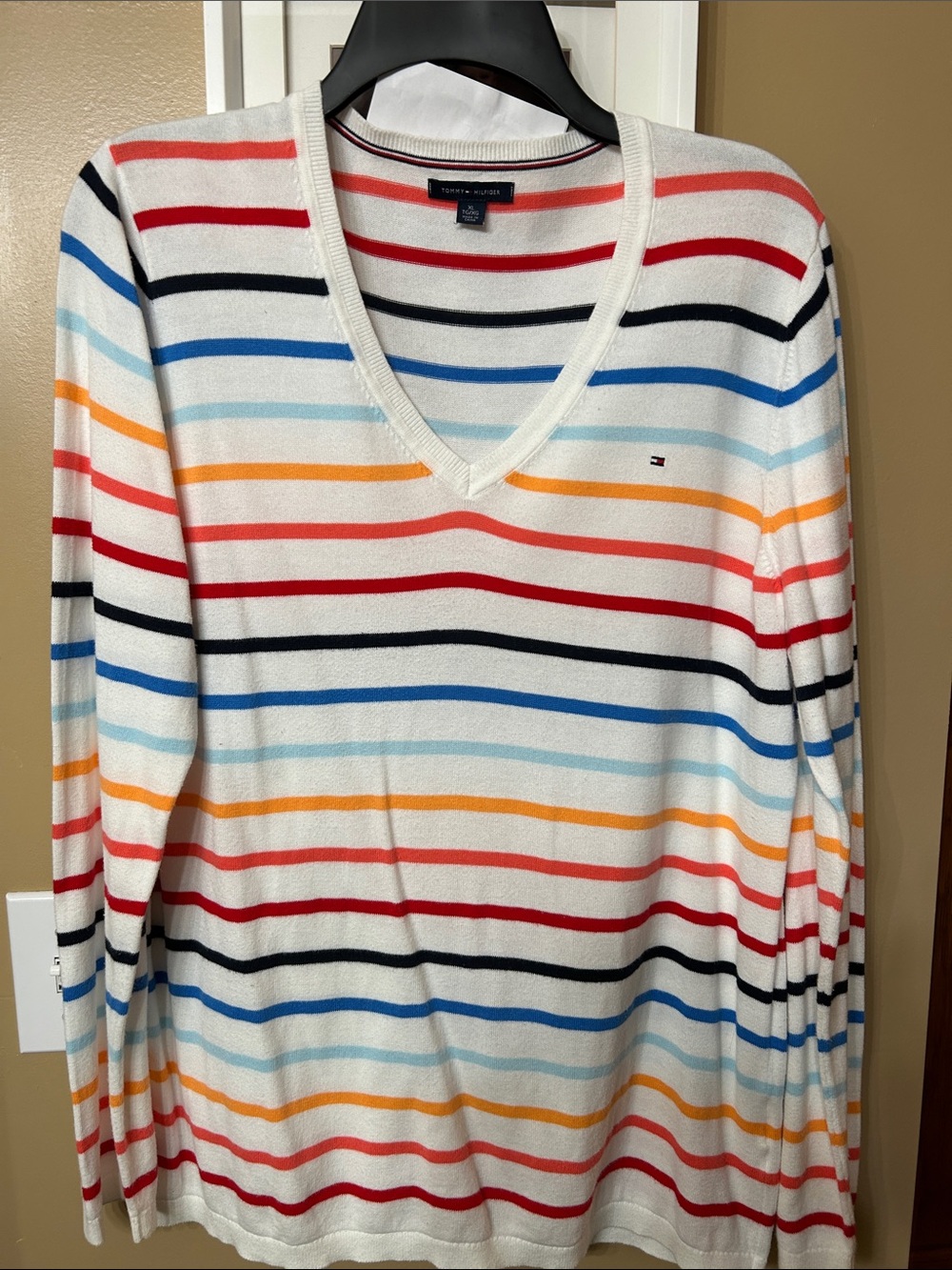 Tommy Hilfiger White V-Neck Long Sleeve Sweater with Multicolor Stripes